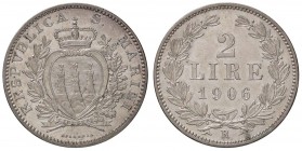 ZECCHE ITALIANE - SAN MARINO - Vecchia monetazione - 2 Lire 1906 Pag. 366; Mont. 3 R AG
qFDC/SPL+