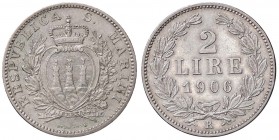 ZECCHE ITALIANE - SAN MARINO - Vecchia monetazione - 2 Lire 1906 Pag. 366; Mont. 3 R AG
BB+