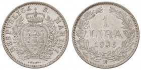 ZECCHE ITALIANE - SAN MARINO - Vecchia monetazione - Lira 1906 Pag. 368; Mont. 5 AG Colpetto
FDC/qFDC