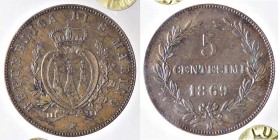 ZECCHE ITALIANE - SAN MARINO - Vecchia monetazione - 5 Centesimi 1869 M Pag. 378; Mont. 11 CU Sigillata Lupo Ruggero
FDC