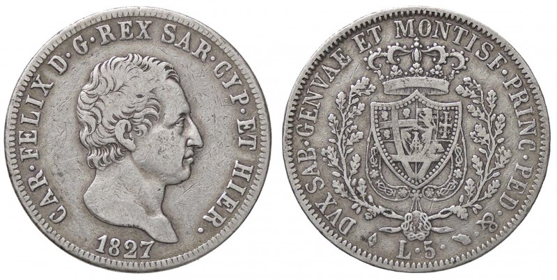 SAVOIA - Carlo Felice (1821-1831) - 5 Lire 1827 G Pag. 72; Mont. 64 AG
MB-BB