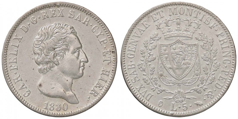 SAVOIA - Carlo Felice (1821-1831) - 5 Lire 1830 T (P) Pag. 79a; Mont. 70 R AG
q...