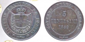 SAVOIA - Vittorio Emanuele II Re eletto (1859-1861) - 5 Centesimi 1859 BI Pag. 445; Mont. 123 CU Sigillata Lucio Raponi
SPL