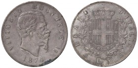 SAVOIA - Vittorio Emanuele II Re d'Italia (1861-1878) - 5 Lire 1874 M Pag. 498; Mont. 182 AG
BB/BB+