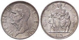 SAVOIA - Vittorio Emanuele III (1900-1943) - 5 Lire 1937 XV Fecondità Pag. 720; Mont. 134 R AG Patina non uniforme al D/
qFDC/FDC
