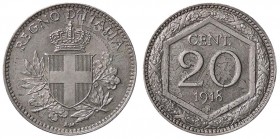 SAVOIA - Vittorio Emanuele III (1900-1943) - 20 Centesimi Esagono 1918 Pag. 850; Mont. 298 NI Bordo liscio Tracce della moneta sottostante e lievi tra...