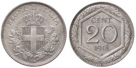 SAVOIA - Vittorio Emanuele III (1900-1943) - 20 Centesimi Esagono 1918 Pag. 850a; Mont. 299 RR NI Bordo rigato Colpetto
SPL