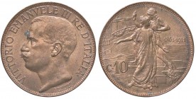 SAVOIA - Vittorio Emanuele III (1900-1943) - 10 Centesimi 1911 Cinquantenario Pag. 863; Mont. 324 CU Macchiolina al D/ - Rame rosso
FDC