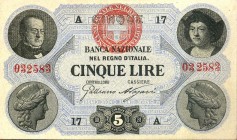 CARTAMONETA - SARDO-PIEMONTESE - Banca Nazionale nel Regno d'Italia - 5 Lire 30/10/1867 Gav. 149 R Giuliano/Nazari
SPL+