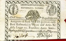 CARTAMONETA - STATO PONTIFICIO - Repubblica Romana Assegnati (1798) - 10 Paoli Anno 7 Gav. 69 Galli (retro triangolo) Lieve mancanza a s.
BB-SPL