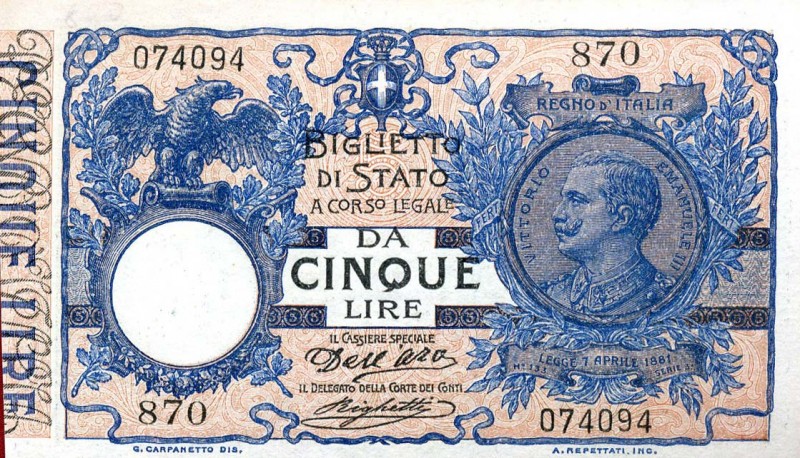 CARTAMONETA - BIGLIETTI DI STATO - Vittorio Emanuele III (1900-1943) - 5 Lire 08...