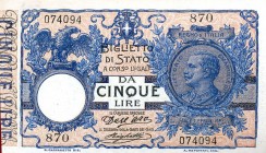 CARTAMONETA - BIGLIETTI DI STATO - Vittorio Emanuele III (1900-1943) - 5 Lire 08/11/1904 - Serie 1-900 Alfa 51; Lireuro 12A Dell'Ara/Righetti
FDS