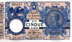 CARTAMONETA - BIGLIETTI DI STATO - Vittorio Emanuele III (1900-1943) - 5 Lire 17/06/1915 - Serie 1851-3730 Alfa 54; Lireuro 12D Giu.Dell'Ara/Righetti...