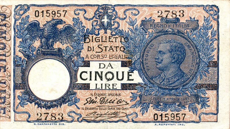 CARTAMONETA - BIGLIETTI DI STATO - Vittorio Emanuele III (1900-1943) - 5 Lire 17...