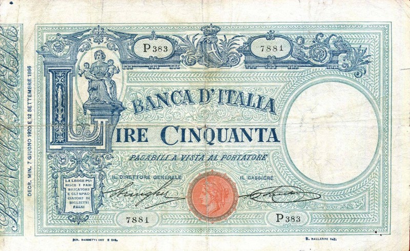 CARTAMONETA - BANCA d'ITALIA - Vittorio Emanuele III (1900-1943) - 50 Lire - Bar...