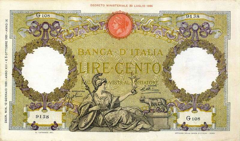 CARTAMONETA - BANCA d'ITALIA - Vittorio Emanuele III (1900-1943) - 100 Lire - Ca...