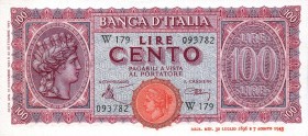 CARTAMONETA - BANCA d'ITALIA - Luogotenenza (1944-1946) - 100 Lire - Italia Turrita 10/12/1944 Alfa 4sp; Lireuro 25Ab RR Sostitutiva da W141 a W180
F...