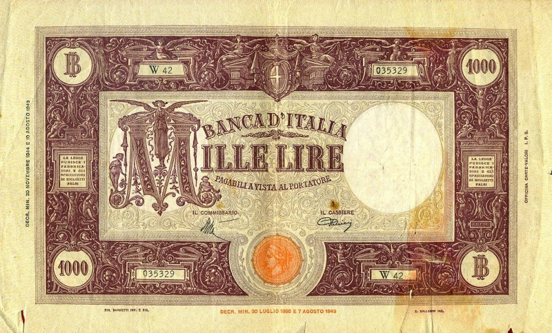 CARTAMONETA - BANCA d'ITALIA - Luogotenenza (1944-1946) - 1.000 Lire - Barbetti ...
