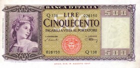 CARTAMONETA - BANCA d'ITALIA - Repubblica Italiana (monetazione in lire) (1946-2001) - 500 Lire - Italia 10/02/1948 Alfa 545; Lireuro 39B R Einaudi/Ur...