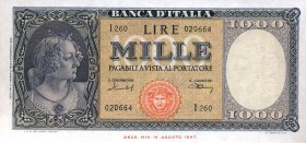CARTAMONETA - BANCA d'ITALIA - Repubblica Italiana (monetazione in lire) (1946-2001) - 1.000 Lire - Medusa 11/02/1949 Alfa 697; Lireuro 54C RRR Menich...