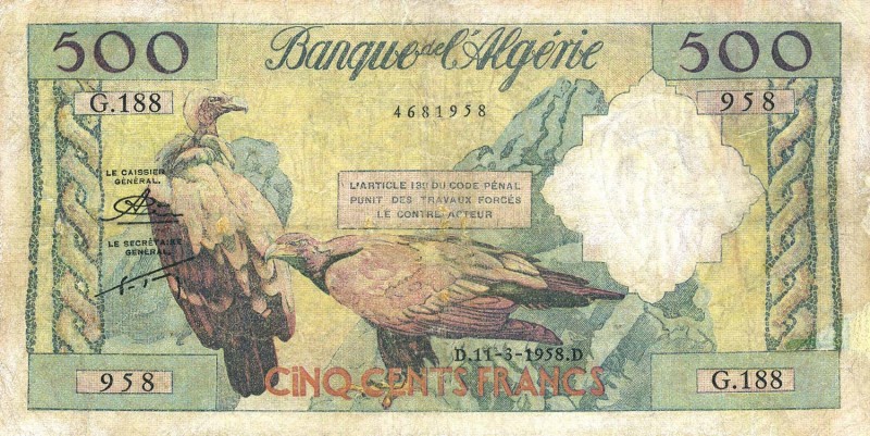 CARTAMONETA ESTERA - ALGERIA - Occupazione Francese (1839-1962) - 500 Franchi 11...