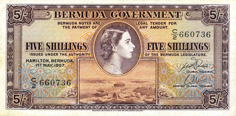 CARTAMONETA ESTERA - BERMUDA - Elisabetta II (1952) - 5 Scellini 01/05/1957 Stir...