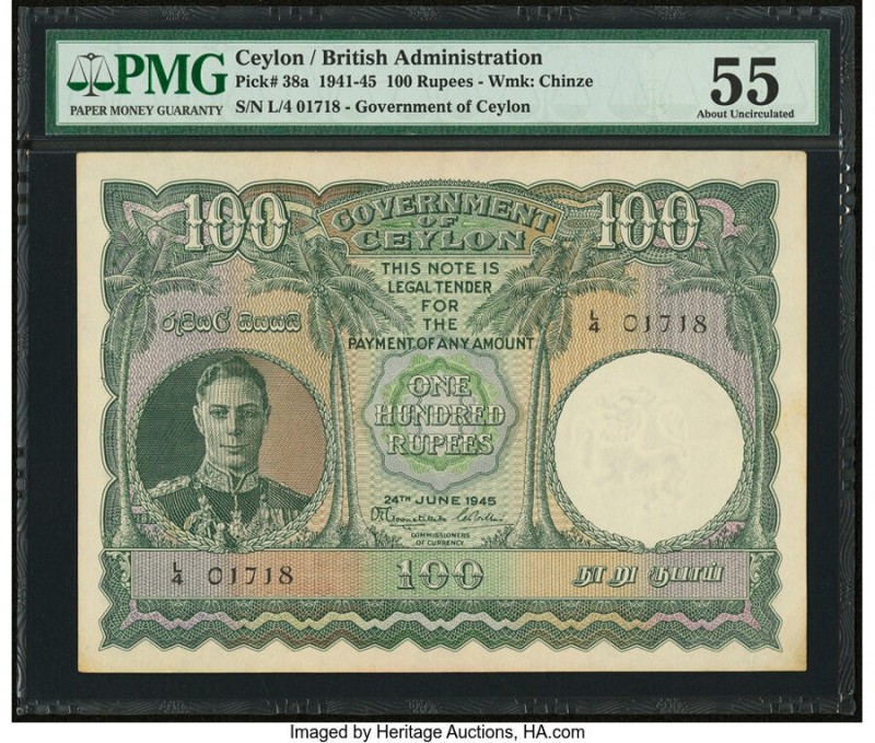 Ceylon Government of Ceylon 100 Rupees 24.6.1945 Pick 38a PMG About Uncirculated...