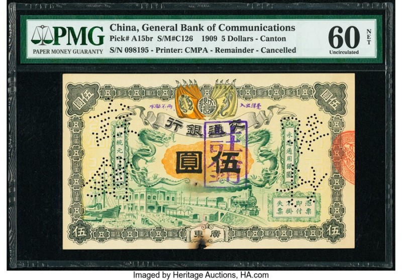 China General Bank of Communications, Canton 5 Dollars 1.3.1909 Pick A15br Remai...