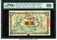 China General Bank of Communications, Canton 5 Dollars 1.3.1909 Pick A15br Remainder PMG Uncirculated 60 Net. A handsome, complicated, and rare bankno...