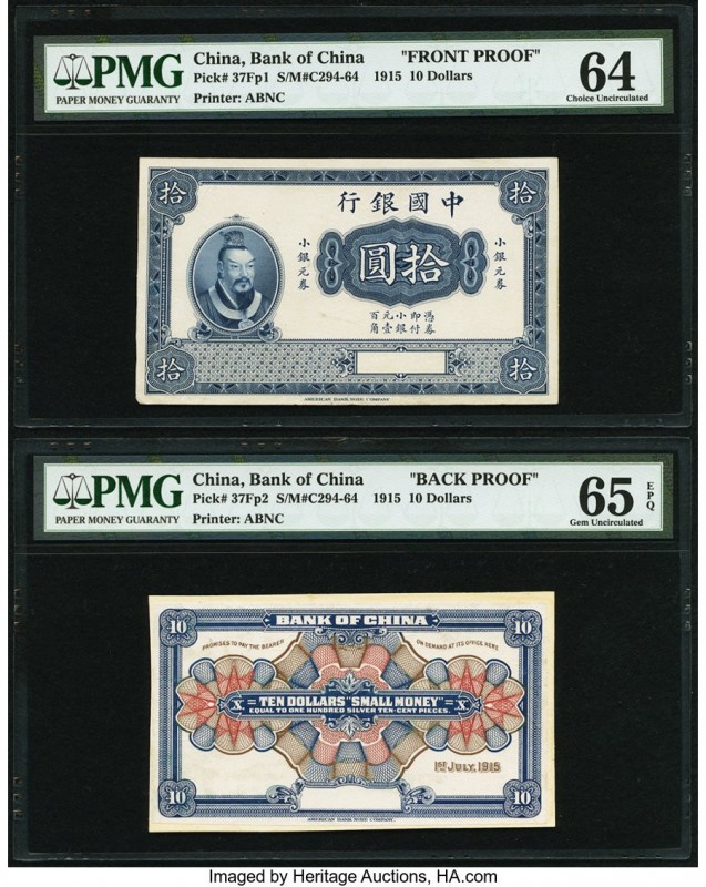 China Bank of China 10 Dollars 1.7.1915 Pick 37Fp1; 37Fp2 Front and Back Proofs ...