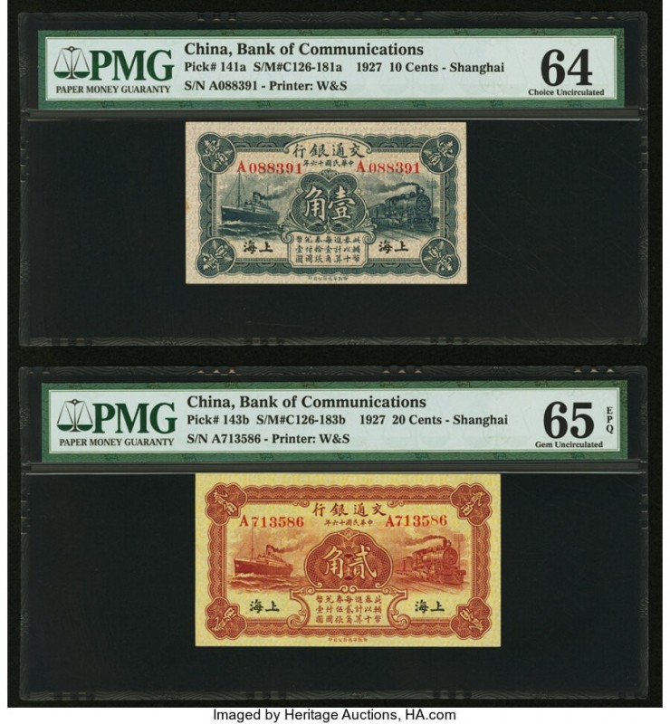 China Bank of Communications, Shanghai 10; 20 Cents 1.1.1927 Pick 141a; 143b Two...