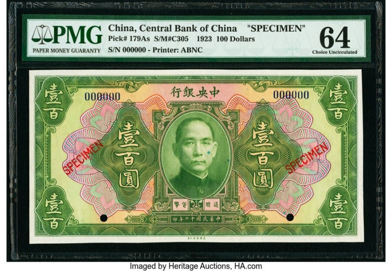 China Central Bank of China 100 Dollars 1923 Pick 179As S/M#C305 Specimen PMG Ch...