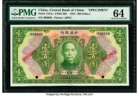 China Central Bank of China 100 Dollars 1923 Pick 179As S/M#C305 Specimen PMG Choice Uncirculated 64. This handsome green variety is only available as...