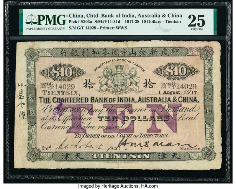 China Chartered Bank of India, Australia & China, Tientsin 10 Dollars 1.8.1917 P...