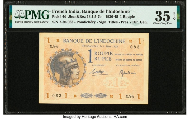 French India Banque de l'Indochine 1 Roupie / Rupee 8.3.1948 Pick 4d Jhunjhunwal...