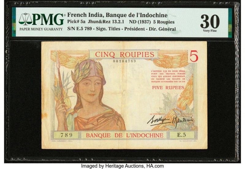 French India Banque de l'Indochine 5 Roupies / Rupees ND (1937) Pick 5a Jhunjhun...