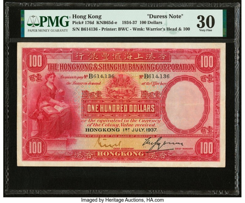 Hong Kong Hongkong & Shanghai Banking Corp. 100 Dollars 1.7.1937 Pick 176d KNB65...