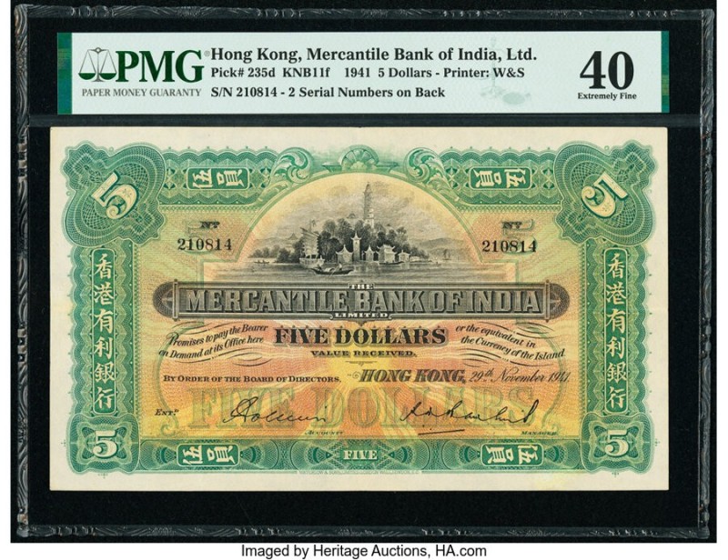 Hong Kong Mercantile Bank of India, Ltd. 5 Dollars 29.11.1941 Pick 235d KNB11f P...