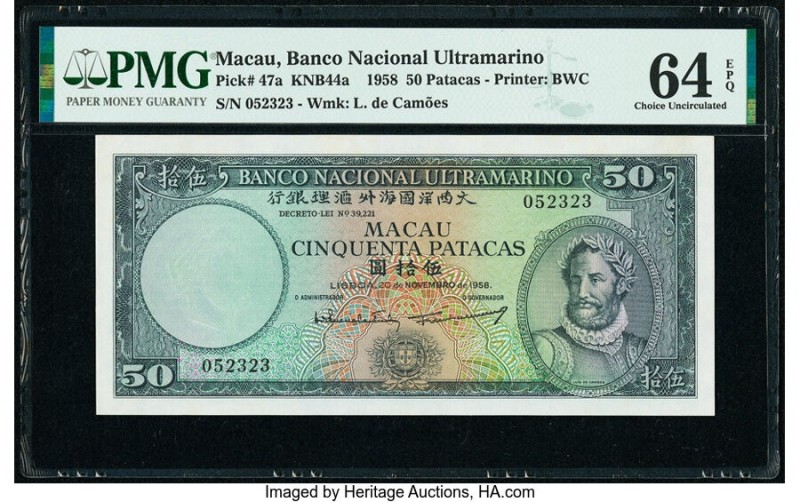 Macau Banco Nacional Ultramarino 50 Patacas 20.11.1958 Pick 47a KNB44a PMG Choic...