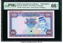 Brunei Government of Brunei 100 Ringgit ND (1972-88) Pick 10s KNB10S Specimen PMG Gem Uncirculated 66 EPQ. A well centered Specimen from the tiny Sult...