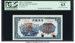China Central Bank of China 100 Yuan 1944 Pick 259s Uniface Specimen PCGS Choice New 63. A remarkable Uniface Specimen with deep blue inks, the note f...