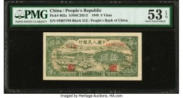 China People's Bank of China 5 Yuan 1948 Pick 802a S/M#C282-2 PMG About Uncirculated 53 EPQ. This rare, small sized type is uncommon in good grade, an...