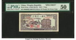 China People's Bank of China 1 Yuan 1949 Pick 812as S/M#C282-20 Specimen PMG About Uncirculated 50. This rare Specimen displays red overprints on both...
