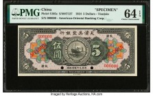 China American-Oriental Banking Corporation, Tientsin 5 Dollars 16.9.1924 Pick S105s S/M#T127 Specimen PMG Choice Uncirculated 64 EPQ. A beautiful Spe...