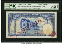 French Indochina Banque de l'Indo-Chine 100 Piastres ND (1946) Pick 79s Specimen PMG About Uncirculated 55 Net. A handsome and rare design, examples a...