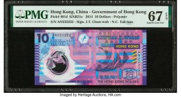 Solid Serial Number 222222 Hong Kong Government of Hong Kong 10 Dollars 1.1.2014 Pick 401d KNB21e PMG Superb Gem Unc 67 EPQ. A bright, vivid color pal...
