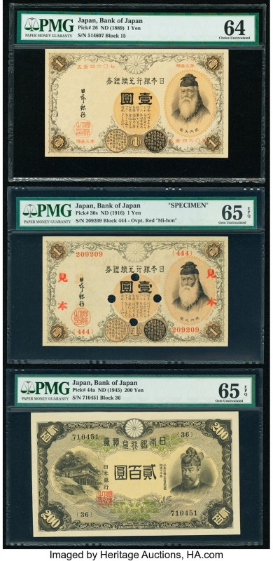 Japan Bank of Japan Group of Six Issued Banknotes and Specimen PMG Graded. Usefu...