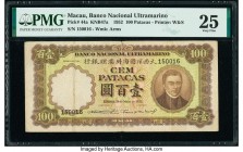 Macau Banco Nacional Ultramarino 100 Patacas 19.5.1952 Pick 44a KNB47a PMG Very Fine 25. This desirable Waterlow & Sons engraved banknote is rare in a...