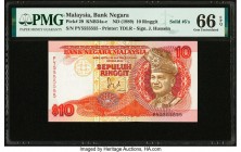 Malaysia Bank Negara 10 Ringgit ND (1989) Pick 29 KNB34a-c Solid 5s Serial Number PMG Gem Uncirculated 66 EPQ. Pack fresh originality is seen on this ...