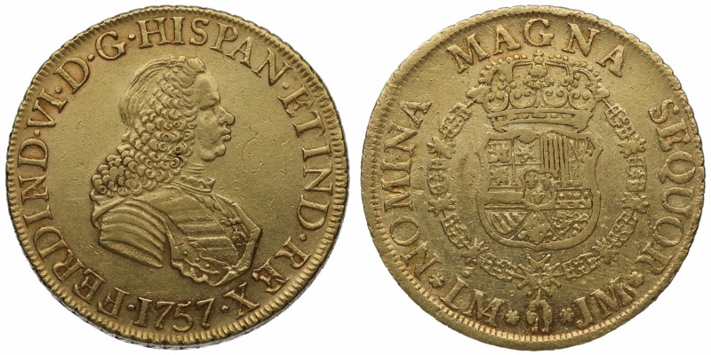 1757. Fernando VI (1746-1759). Lima. 8 escudos. JM. Au. Bella. Brillo original. ...